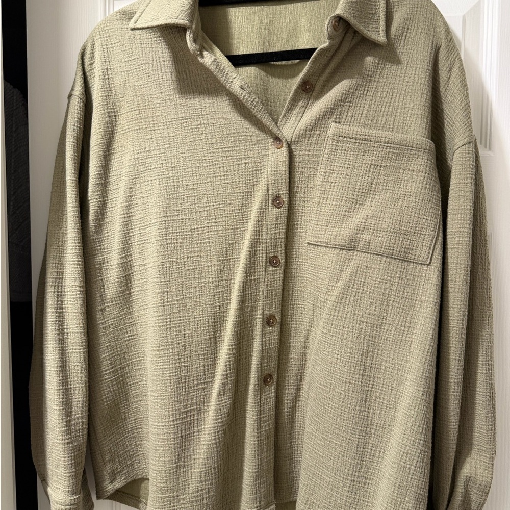 OAK + FORT Textured Olive Button-Up Shirt & Pant Set